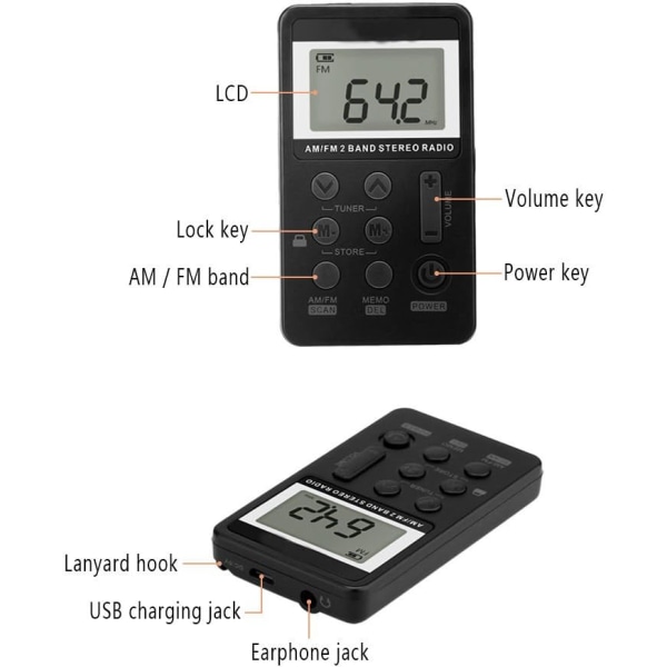 Liten bærbar radio (svart), mini lommeradio med oppladbar