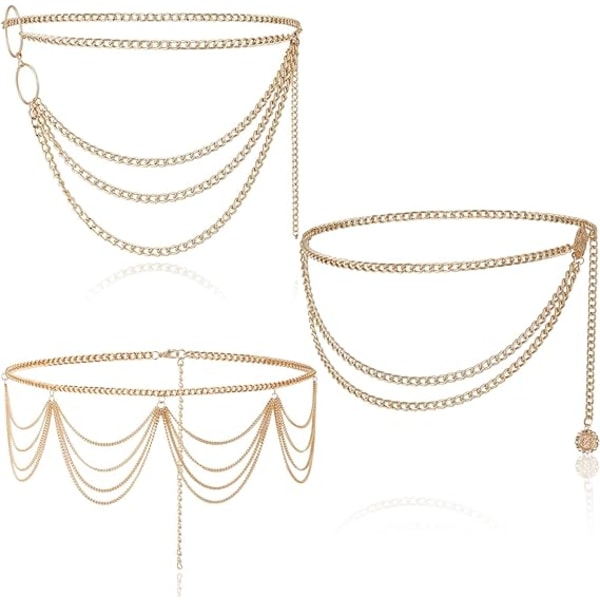 Guld - Pakke med 3 Multi-layer Mave Talje Kæder, Fashionable Talje Kæder til Kvinder, Vintage, Hul Metal, Justerbar Lås, Talje Kæder til Lange Nederdele, Krop Kæder