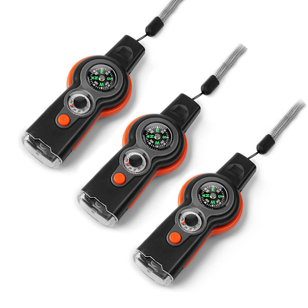 Nöd visselpipa, 7 i 1, Multifunktionell kompass, Multiverktyg säkerhetsvisselpipa (orange) 3 Pieces