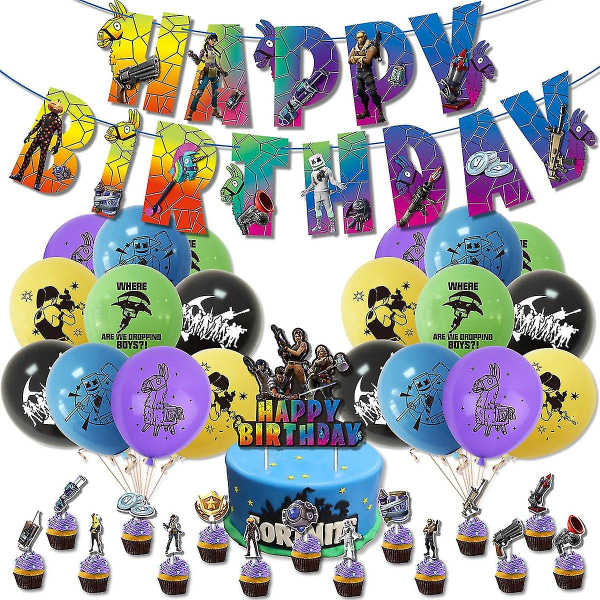 Fortnite-tema Happy Birthday Party Dekorasjonssett, banner, luf