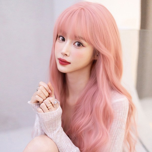 Parykk kvinnelig langt hår nytt rosa parykksett sommer naturlig søt f