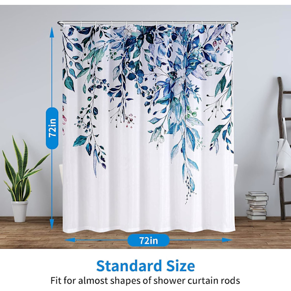 Blomster bruseforhæng med 12 kroge, vandtæt polysilicium bruseforhæng, maskinvaskbar, hurtig tørring, 180x180cm til badekar eller badeværelse (blå)