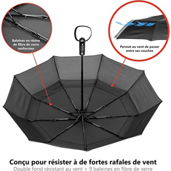 Musta tuulenpitävä kaksinkertainen katos matkasateenvarjo - teflonpinnoite,