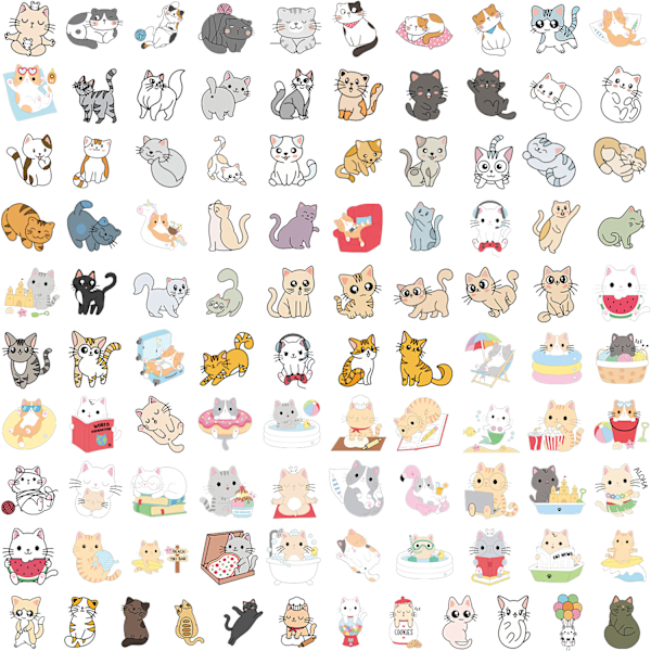 100 stk klistermærker - Søde katte doodle klistermærker