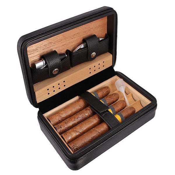 4 Ct Cigar Case Travel Læder, plateau en bois de cèdre et bois
