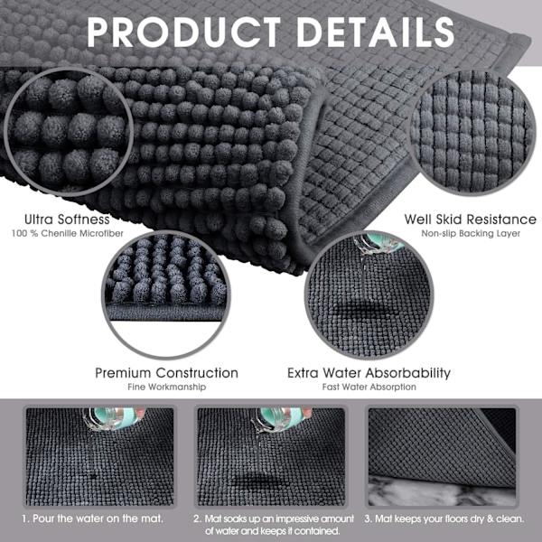 40x60cm (mørkegrå) bademåtte skridsikker absorberende badeværelsesmåtte til brusebad, badekar, toilet, køkken, mikrofiber chenille maskinvaskbar
