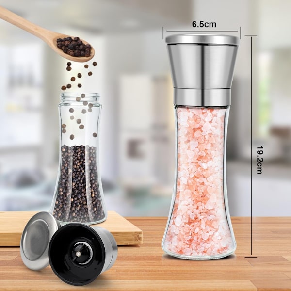 Sæt med 2 justerbare keramiske kværne, rustfrit stål og glas