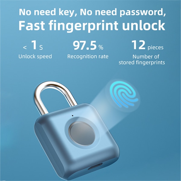 (Blå) Fingeraftrykspadlock Mini Smart Padlock Nøglefri USB-opladning