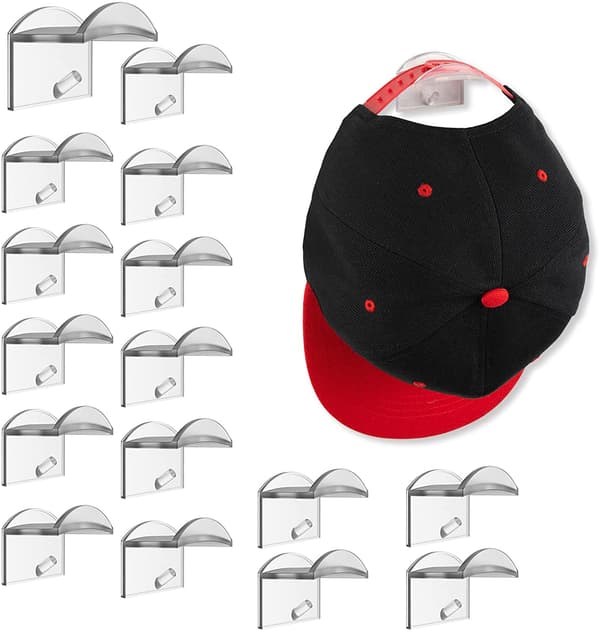 Självhäftande hatthängare för vägg, 16-pack hatthållare för baseballkepsar (transparent)