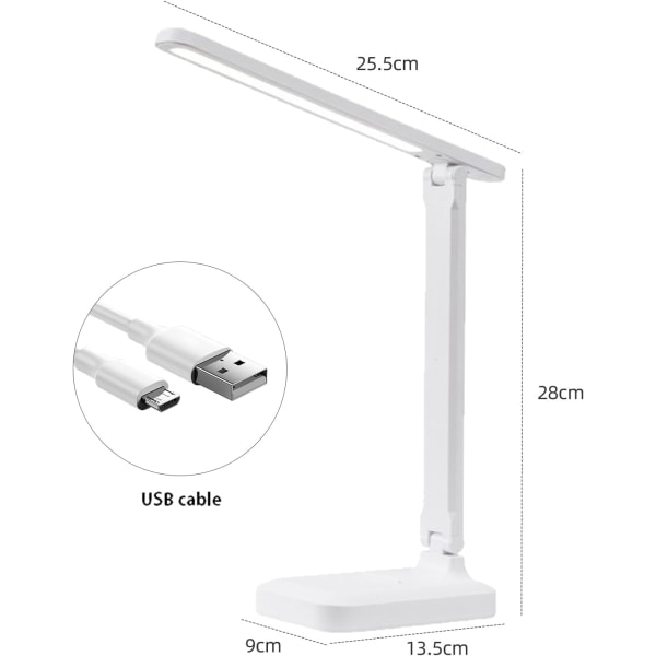 Skrivebordslampe, LED-bordlampe, sammenleggbar 3 fargebelysningsnivåer, USB