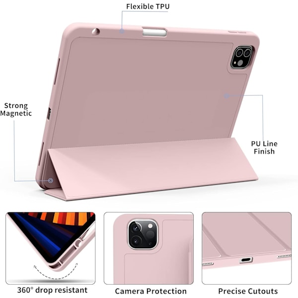 Vaaleanpunainen, suojaava kotelo iPad Pro 11-tuumaiselle (18/20/21/22), kynäpaikalla, erittäin ohut kolmiosainen Smart Cover, tukee kynää C