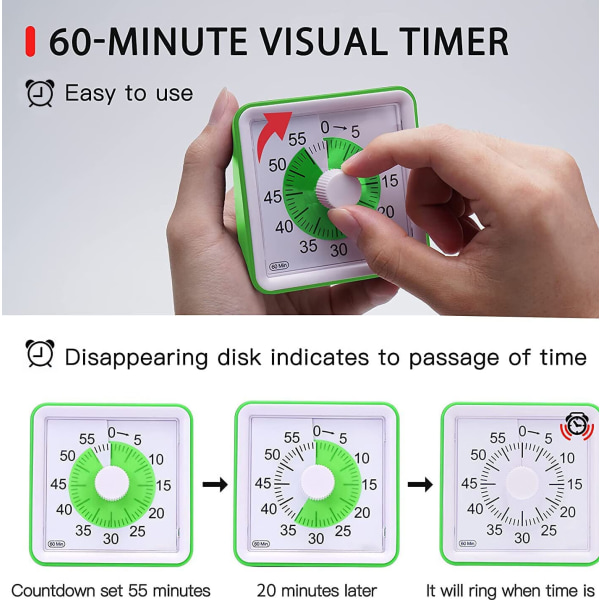 Grønn visuell analog timer, stille nedtelling, tidsstyring også