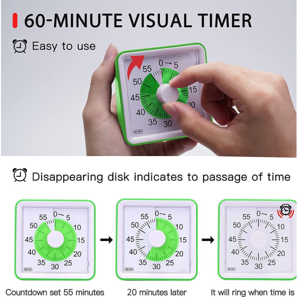 Grønn visuell analog timer, stille nedtelling, tidsstyringsverktøy