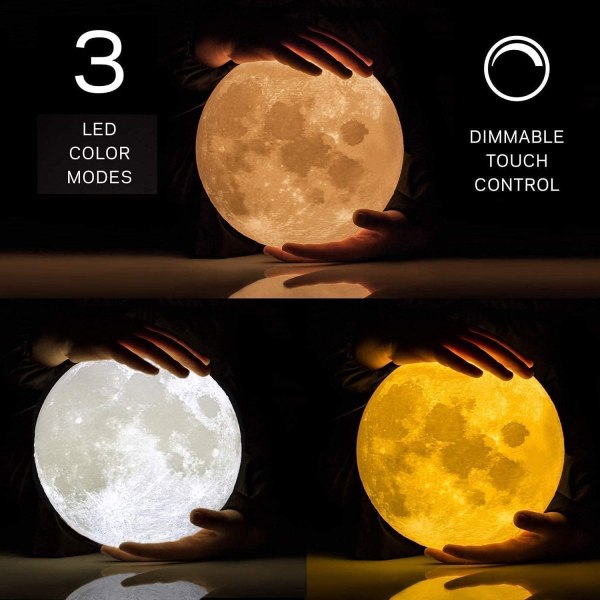 3D Månelampe, ALED LYS LED Nattlys Touch Luna Lampe 3 Farger