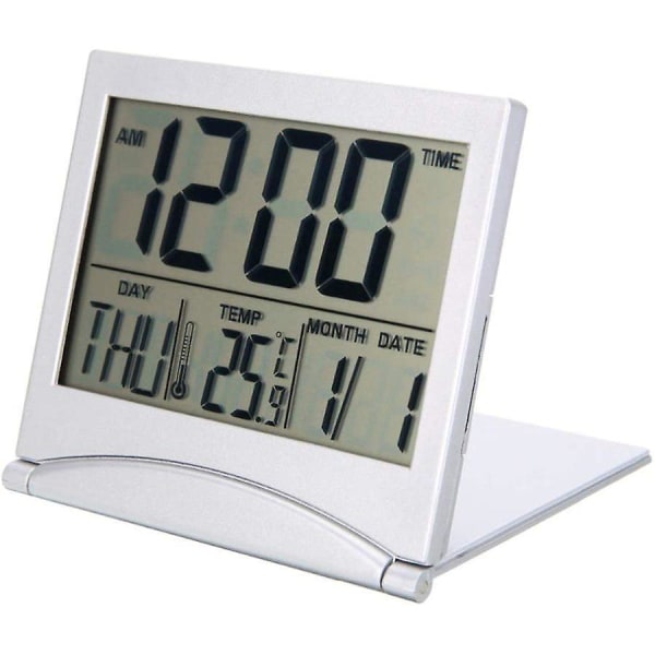 Folding Portable Desk Top Clock Silver Digital Lcd Temperatu
