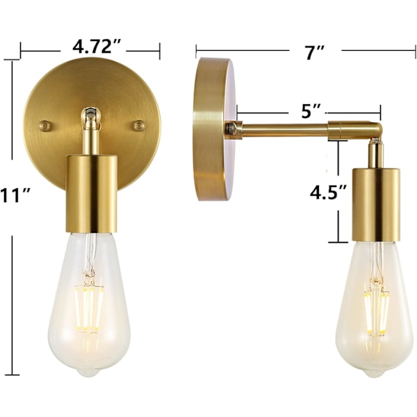 Sæt med 2 retro-industrielle badeværelsesvæglamper i børstet messing på stolpe (guld) (med pærer)