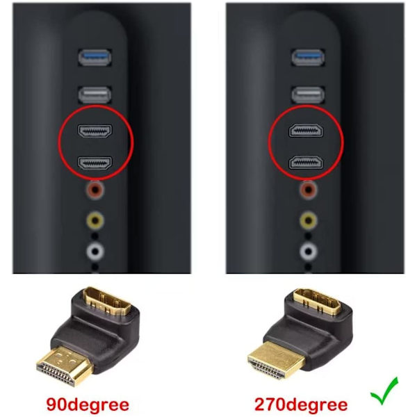 2 stk. HDMI-adapter 90 grader og 270 grader vinkelret han til hun vinklet HDMI-stik 4K 3D