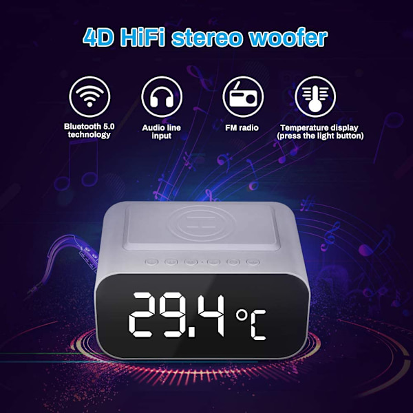 Kello radio Bluetooth-kaiuttimella, langaton lataus
