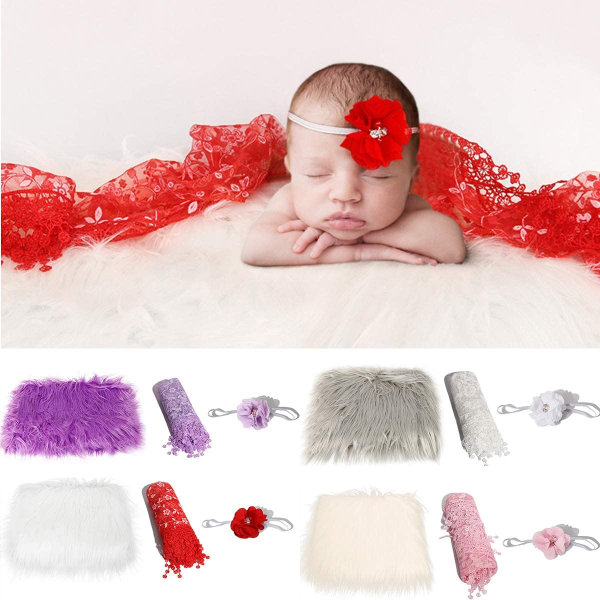 Baby Foto Props 3 Stk Hvid+Rød Baby Fluffy Tæppe+Nyfødt Wra