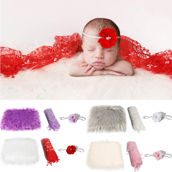Baby valokuvarekvisiitta 3 kpl valkoinen + punainen baby pörröinen peitto + vastasyntynyt Wra