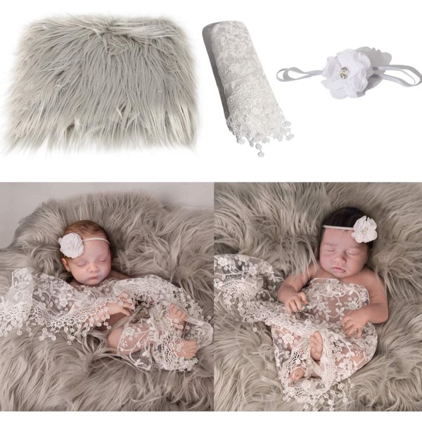 Baby Photo Rekvisitter 3 Stk Lys Grå + Hvit Baby Fluffy Teppe +