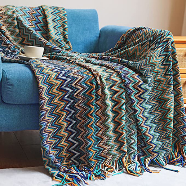 Boho Throw Blankets Outdoor Knitted Tassel Blankets, (Blue 50x60