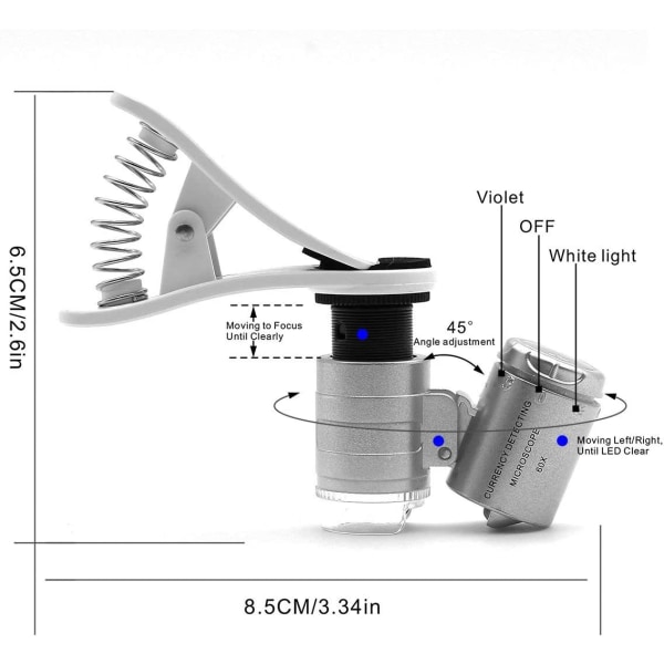 60x Zoom mikroskoopin suurennuslasi, LED-klipsimikrolinssi + ultravioletti