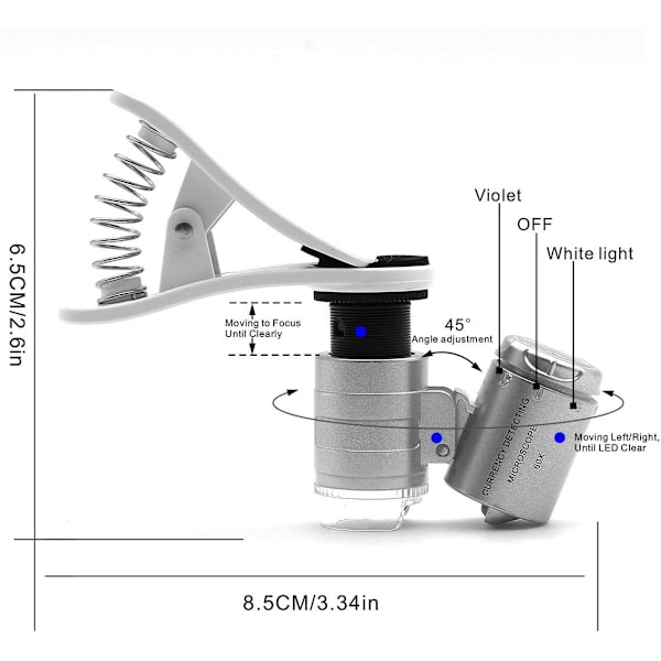 60x Zoom Mikroskop Forstørrelsesglas, LED Clip Mikro Linse + Ultraviolet