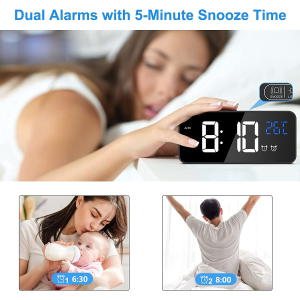 Svart-Digital Alarm Clock, LED Digital Clock Digital Morning Alarm Clock med Temperatur/Snooze/2 Alarm/12/24 Timer/USB Ladeport/10 Musikk