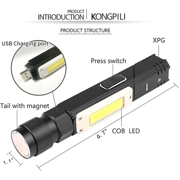 1000 Lux genopladelig LED lommelygte, mini lommelygte (5 tilstande),