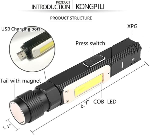 1000Lux ladattava LED-taskulamppu, minitaskulamppu (5 tilaa