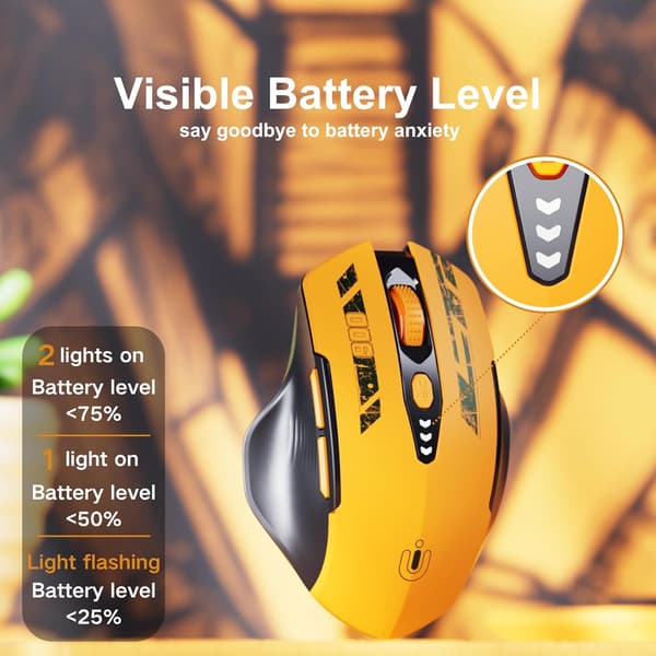 Bluetooth-mus, tre moduser (BT 5.0/4.0+2.4G Hz), synlig batterinivå