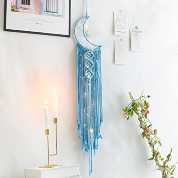 Blå måne drømmefanger med lys, romdekor, boho-dekor, vegg