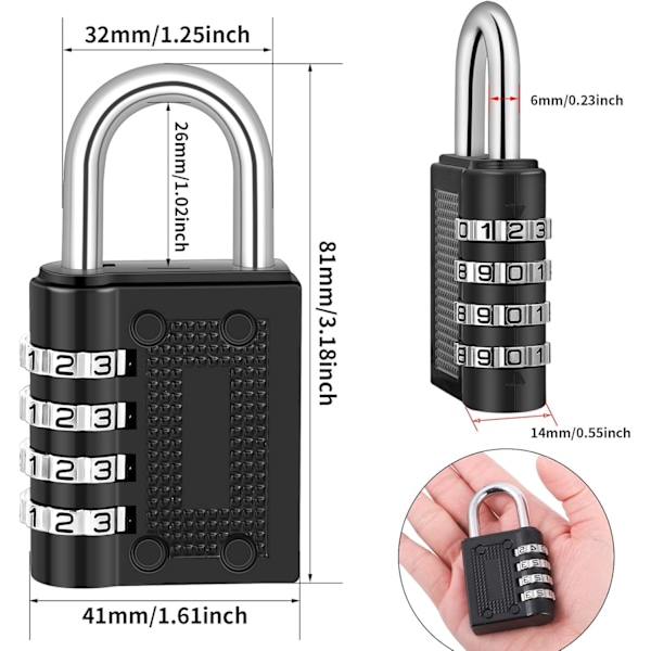 Pakke med 4-cifret kombinationshængelås, zinklegeringskombinationslås kodelås til kuffert skab college fitnesscenter fly (sort,S