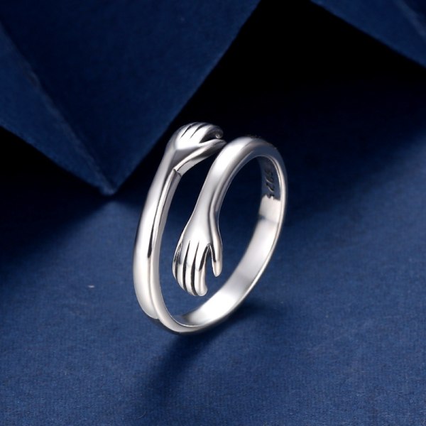 Krama ring, 925 Sterling Silver Justerbar krama ring Silver sammanflätade händer Öppen ring Par krama ringar Bröllopslöfte ring Kärleksring för kvinnor