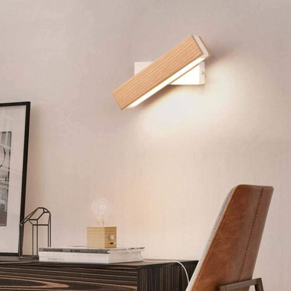 LED indendørs væglampe, 360° rotation med simpelt massivt trælys