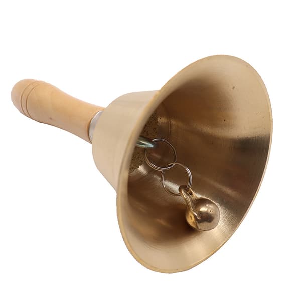 1 stk 8 cm solid messing håndklokke med trehåndtak for skoler, rekreasjon