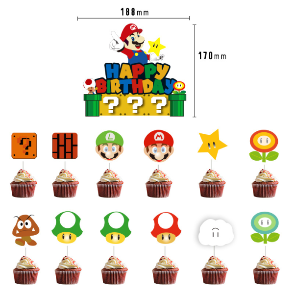 26 stykker Super Mario-dekorasjoner, bursdagskakepynt, cupcake I