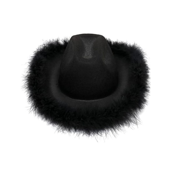 Musta Cowgirl-hattu, jossa on höyhenboa, pörröinen höyhenreunainen aikuinen