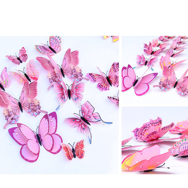 Blandet av 24 STK 3D Pink Butterfly Wall Stickers Dekor Art Decorat