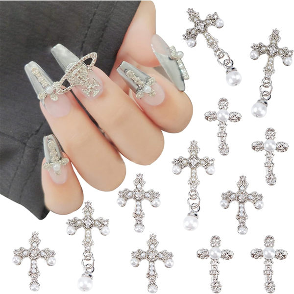 Sæt med 10 (5 af hver stil) crossover neglekunst charms, 3D store negle smykker med perler til negle dekoration, antik stil blandet størrelse negle rhinestone sæt