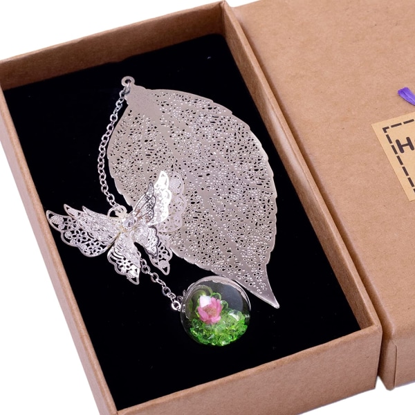 Bokmärken med 3D fjärilshänge Silver Bladgrön Safflor-