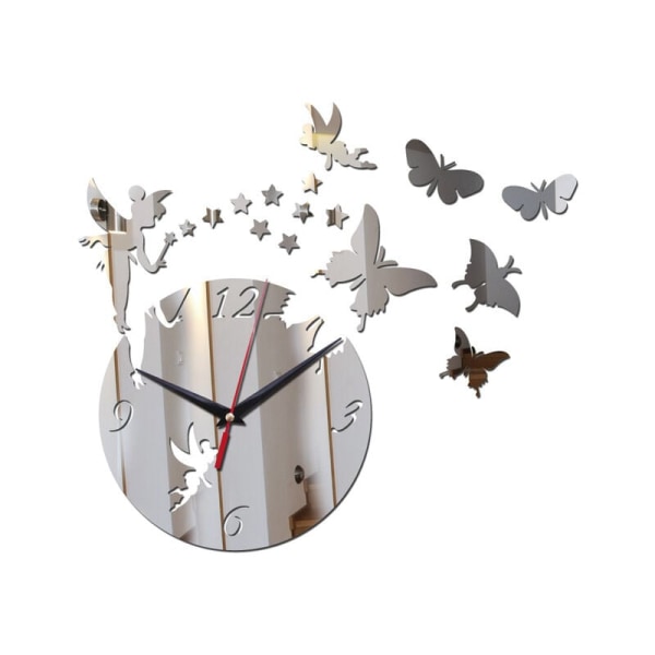 New 3D Mirror Effect Wall Clock Fairy Butterfly Home Decoration C