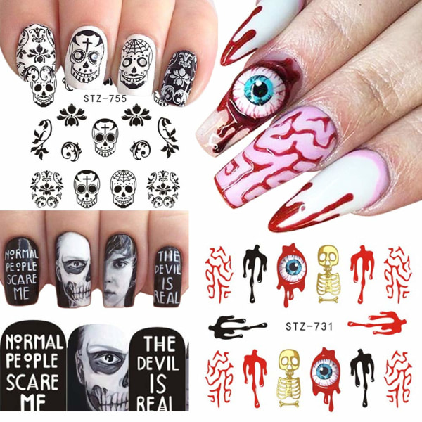 24 ark Halloween Nail Stickers Day of The Dead Water Transfer