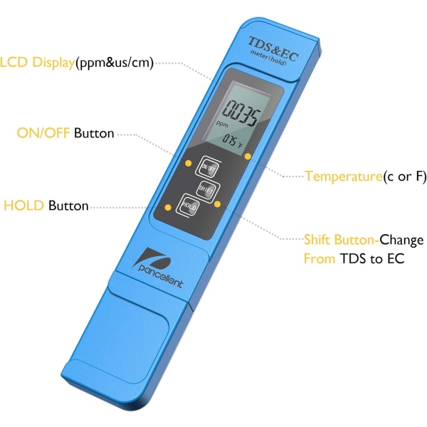 Vandkvalitetstestmåler TDS EC Temperatur 3 i 1 Sæt Digital Tester med LCD-display Test til svømmebassin, akvarium (blå)