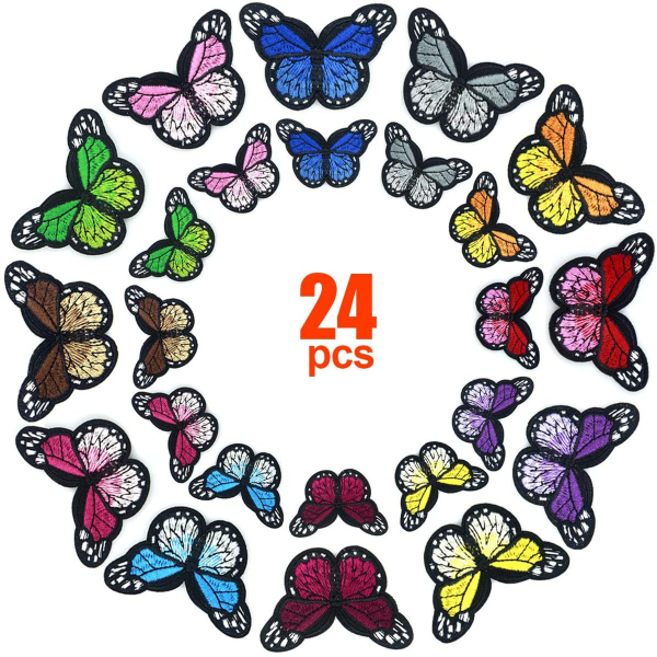 24 kpl perhosrauta laastareilla, 2 kokoinen brodeerattu ompeluapplikaatio