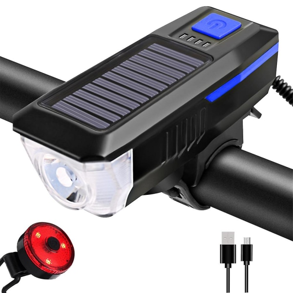 Cykellygte sæt og horn solcelledrevet USB genopladelig cykel H