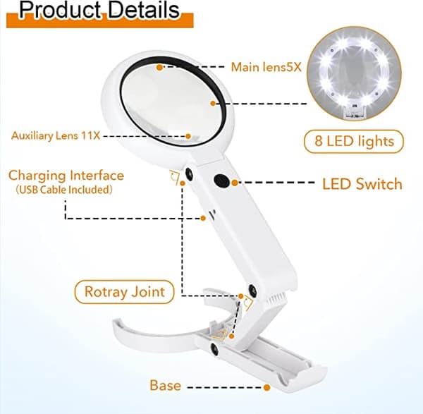 Lighted Magnifier - Bærbar Lighted Magnifier 5X, 11X Magnifier