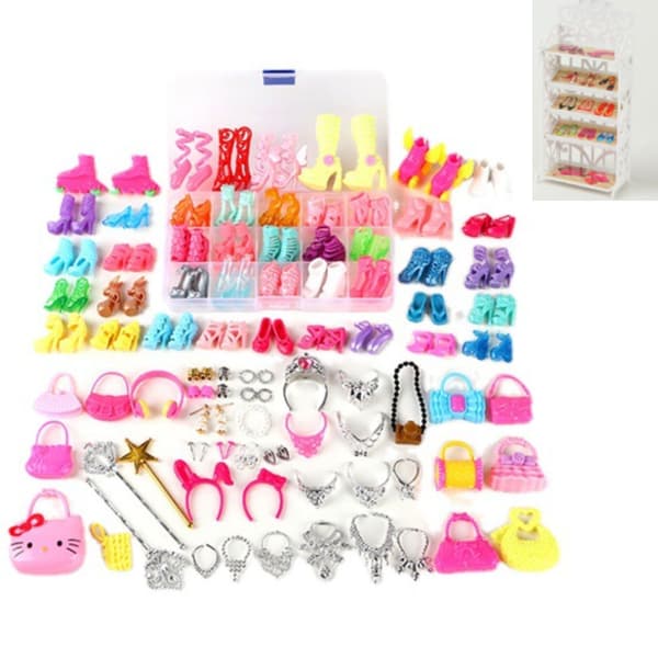 30 cm Barbie dockskor, väskor, kläder, tillbehör (70 st)