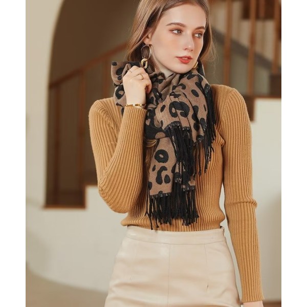 Kvinners skjerf pompom imitert kasjmir leopard print varmt sjal